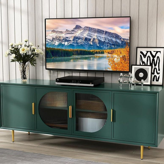 ARTPOWER Modern TV Stand for TVs up to 70+ inch, Glass Door Television Console Table with Gold Leg, Entertainment Center with Storage Cabinet, Wood Media Furniture for Bedroom, Living Room, Green