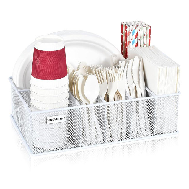 VIKEYHOME Paper Plate Organizer, Metal Silverware Caddy with 6 Compartments for Knives, Spoons, Cups, Forks, Napkins, Utensil Holder for Party, Camping, Picnic, White