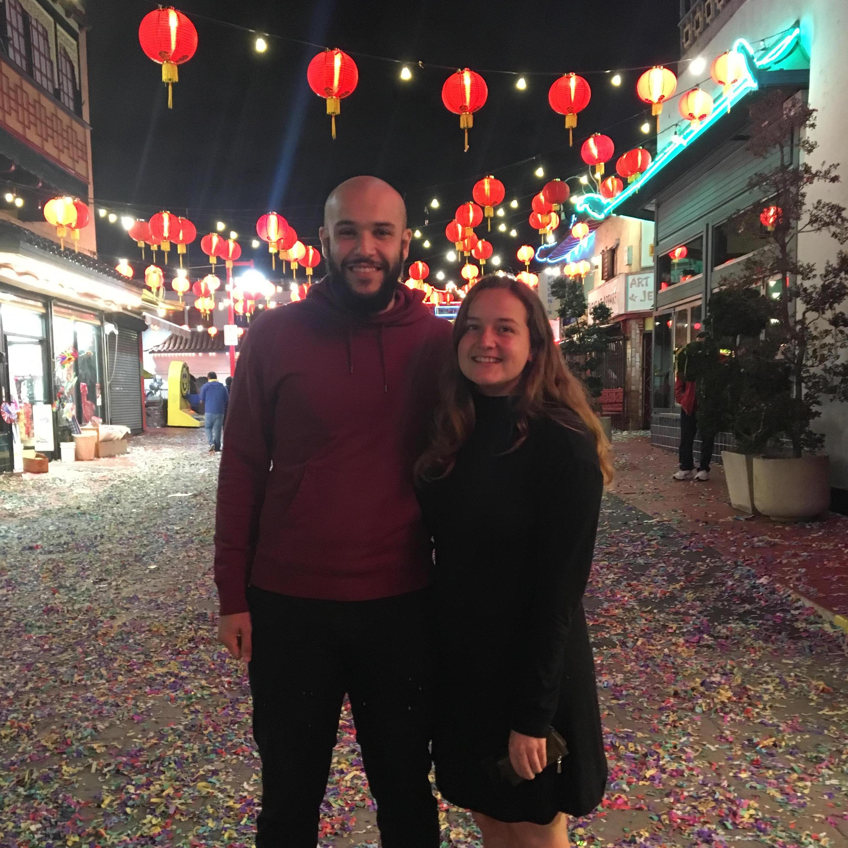 After dating for four months, we finally took our first photo together: Los Angeles Chinatown during the New Year's Festival. The confetti on the street explains the way I feel about this photo. :-)