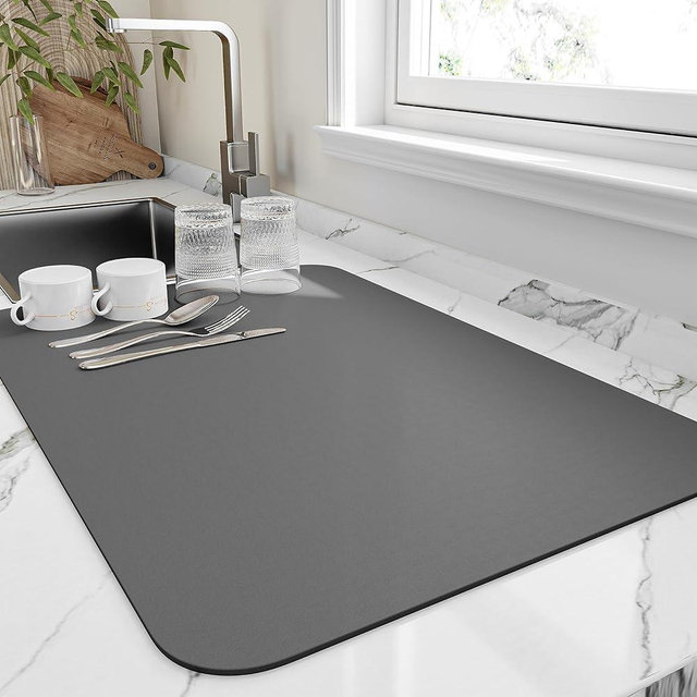 HotLive Dish Drying Mat for Kitchen Counter, Heat Resistant Drainer Mats with Non-slip Rubber Backed, Hide Stain Kitchen Super Absorbent Draining Mat, Easy to Clean Dish Rack Pad, Dark Grey 18"x32"