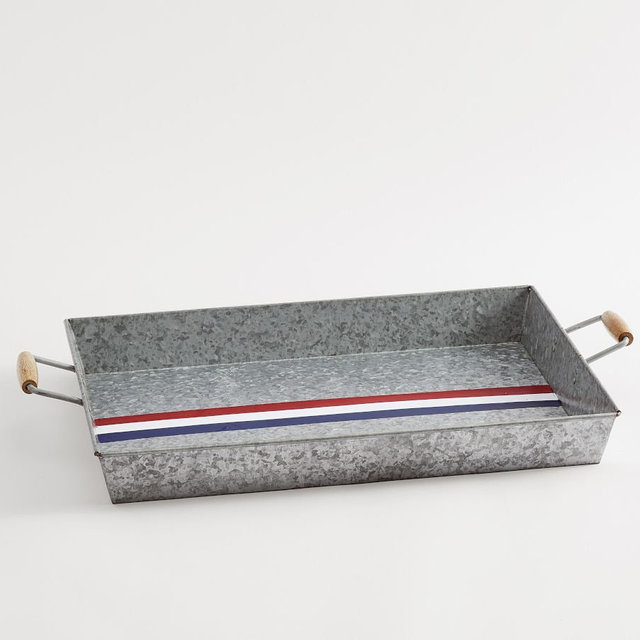 Galvanized Americana Rectangle Tray with Wooden Handles - Silver