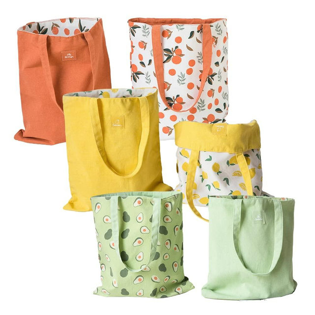 ELYEEBLEE Double-Sided Canvas Tote Bags, Reusable Grocery Shopping Bags for Women, Girls and Kids, Pack of 3 (Orange,Yellow, Green)