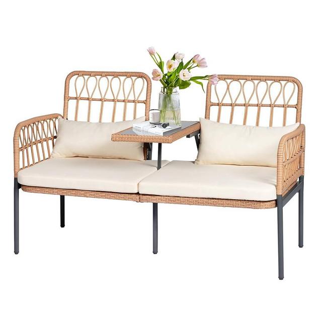HOMEZILLIONS Outdoor Loveseat 2 Pieces Patio Furniture Set, Porch Furniture Wicker Large Loveseats, Patio Conversation Sets with Cushions & Lumbar Pillows and Built-in Table