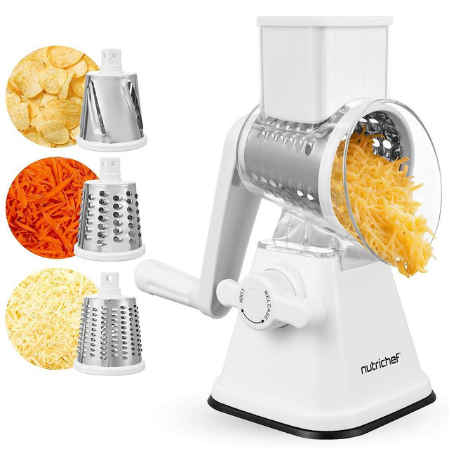 Nutrichef 3 in 1 Cheese Grater & Shredder | Strong Suction Base, Rotary Handle with Safety Lock | Includes Hand Crank & 3 Drum Blades for 3 Textures, Fine, Medium & Strips | White