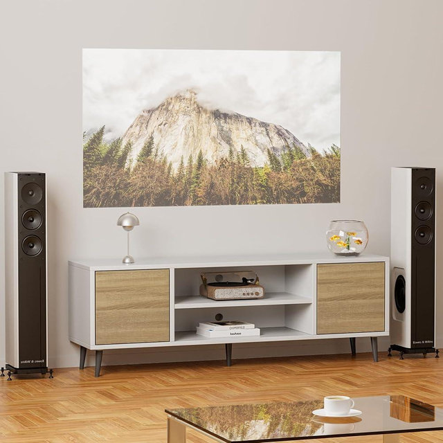 JUMMICO TV Stand for 65 Inch TV, Mid Century Modern TV Stand, Entertainment Center with Storage Cabinet and Open Shelves, TV Console Table Media Cabinet for Living Room, and Bedroom (White)