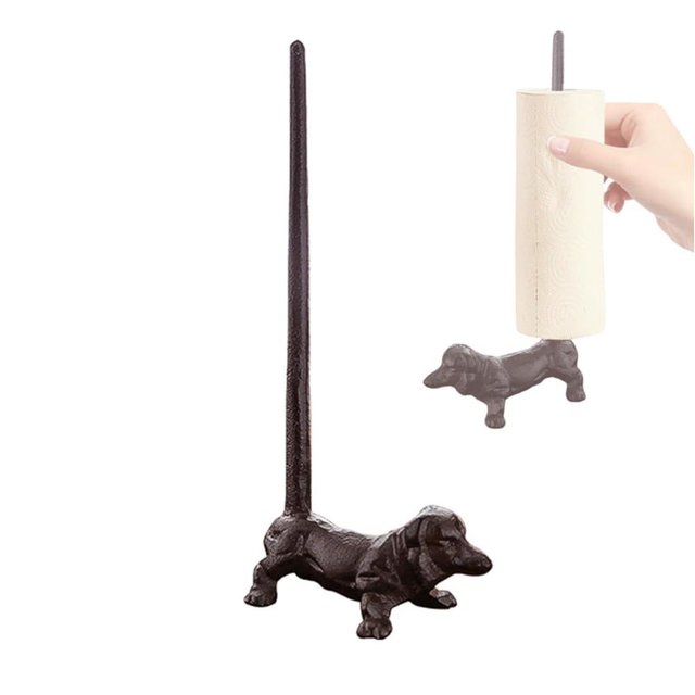 Mozhixue Dog Paper Towel Holder 12'' Cast Iron Paper Towel Holder Funny Toilet Paper Holder for The Floor or Counter in The Kitchen or Bathroom Bronze Rustic,Dog