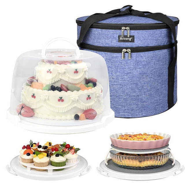 Arineng Round Cake Carrier Box with Lid and Handle, Transportation Insulated Bag for Cakes, Cupcakes and Pies, Triple Locking Design for Safe Transportation (Purple, 12 * 12 * 7.9 Inch)