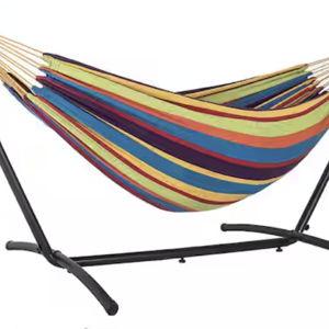 9 ft. 2-Person Double Fabric Hammock with Free Standing Steel Stand Include Carrying Bag and Pillow, Yellow Stripes