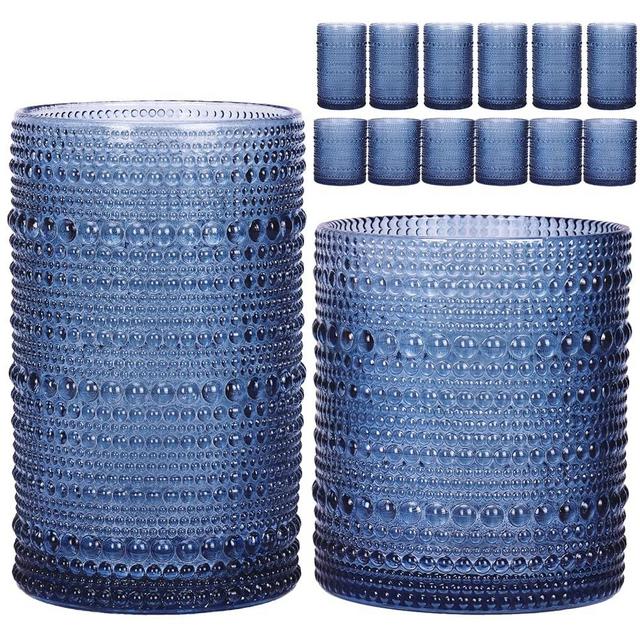 Moretoes Hobnail Drinking Glasses Set of 12, 12 Oz Highball Glasses & 10 Oz Cocktail Glasses, Blue Embossed Boho Glass Cups Kitchen Bar Tumbler Glassware Set for Whiskey, Beer, Juice, Milk