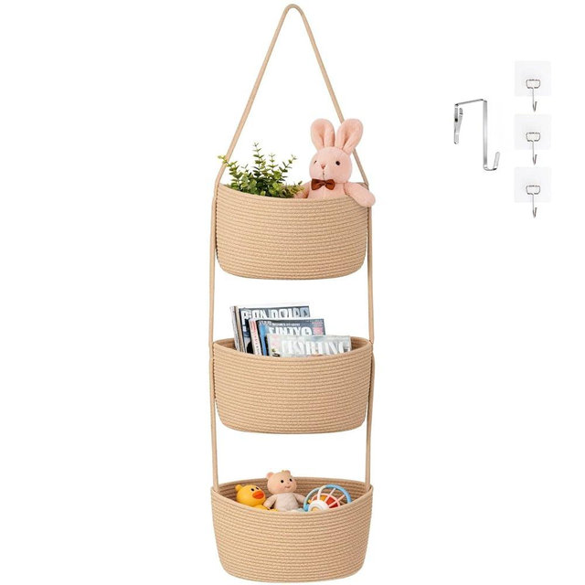 Goodpick 3-Tier Hanging Basket Over the Door, Cotton Rope Wall basket, Hanging Nursery Decor for Organizing, Jute