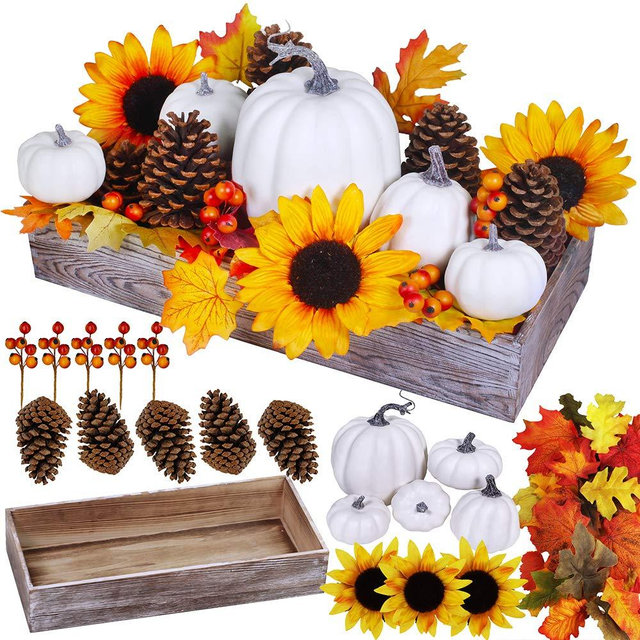 Bulk Assorted Artificial White Pumpkins Fall Artificial Maple Leaves in Rectangle Whitewashed Wooden Box Fall Centerpieces