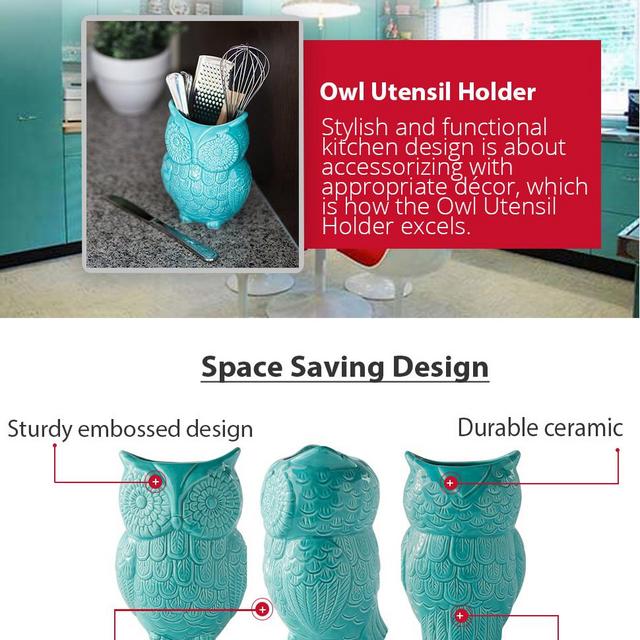 Comfify Owl Utensil Holder Decorative Ceramic Cookware Crock & Organizer, in Lovely Aqua Blue Color - Utensil Caddy and Perfect Kitchen Ceramic Décor Gift - 5” x 7” x 4” Size