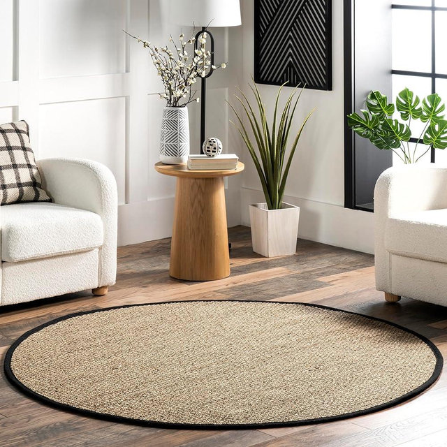 nuLOOM 4 Round Elijah Seagrass Area Rug, Black, Solid Farmhouse Style, Cotton Bordered, Basketweave, Natural Fiber, For Bedroom, Dining Room, Living Room, Hallway, Office, Kitchen, Entryway