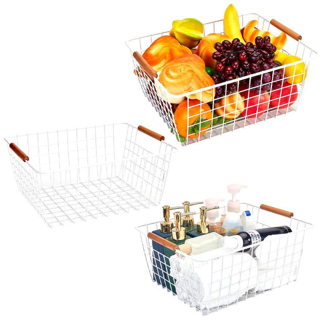 LeleCAT Large white wire baskets with Wooden Handles for storage pantry, Storage Organizer Baskets, Household Refrigerator for Cabinets, Closets, Bedrooms, kitchen - Set of 3 White