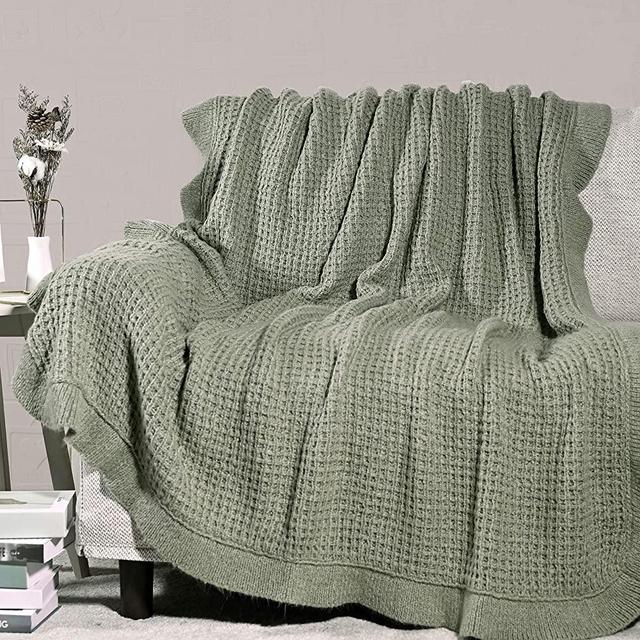 Amelie Home Soft Cozy Chunky Knit Throw Blankets with Ruffled Fringe, Breathable Waffle Weave Knit Blanket for Couch Sofa Bed Valentines Day Gifts (Sage Green, 50 x 60'')