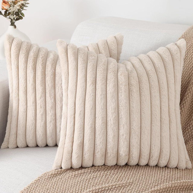 Pallene Faux Fur Plush Throw Pillow Covers 26x26 Set of 2, Luxury Soft Fluffy Striped Decorative Pillow Covers for Sofa, Couch, Living Room, Apricot