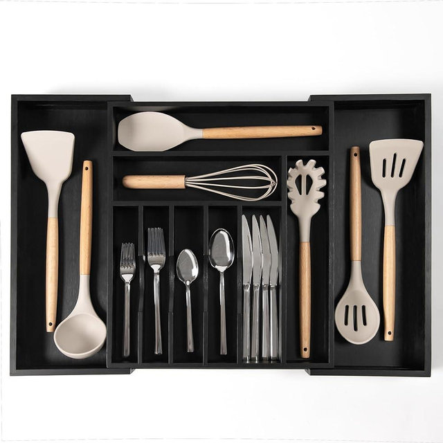 KitchenEdge Premium Silverware, Flatware and Utensil Organizer for Kitchen Drawers, Expandable 15 to 25 Inches Wide, 10 Compartments, Food-Safe Grade Black Finish 100% Bamboo Wood