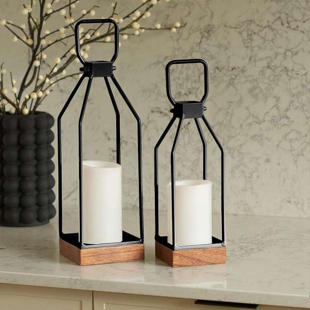 Decorative Lantern Set of 2 for Indoor & Outdoor - Stylish Black Modern Farmhouse Lanterns for Real Candles - Perfect Christmas Centerpiece Decor for Any Porch/Door, Fireplace Mantle or Coffee Table