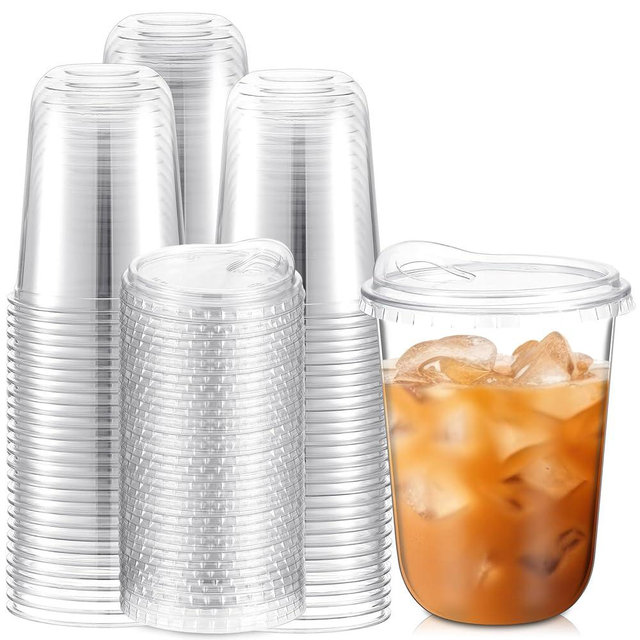 Baderke Clear Plastic Cups with Strawless Sip Lids Disposable Round Bottom Togo Cups for Coffee Smoothie Cold Beverage Coffee Shops and Party Catering(16 oz,100 Pcs)