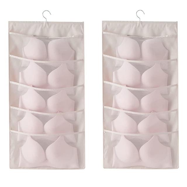 Enlarged Closet Hanging Bra Organizer with Rotating Metal Hanger, Extra-Large Dual Sided Wall Shelf Wardrobe Mesh Pockets Hanging Storage Bag for Bra Socks Underwear Underpants