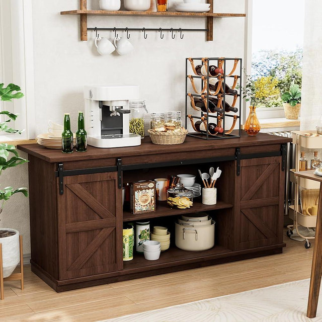 Shahoo Farmhouse Sideboard Buffet Cabinet, Coffee Bar Storage with Sliding Barn Doors, Shelf for Home Dining Room, 27.5 Height, Espresso