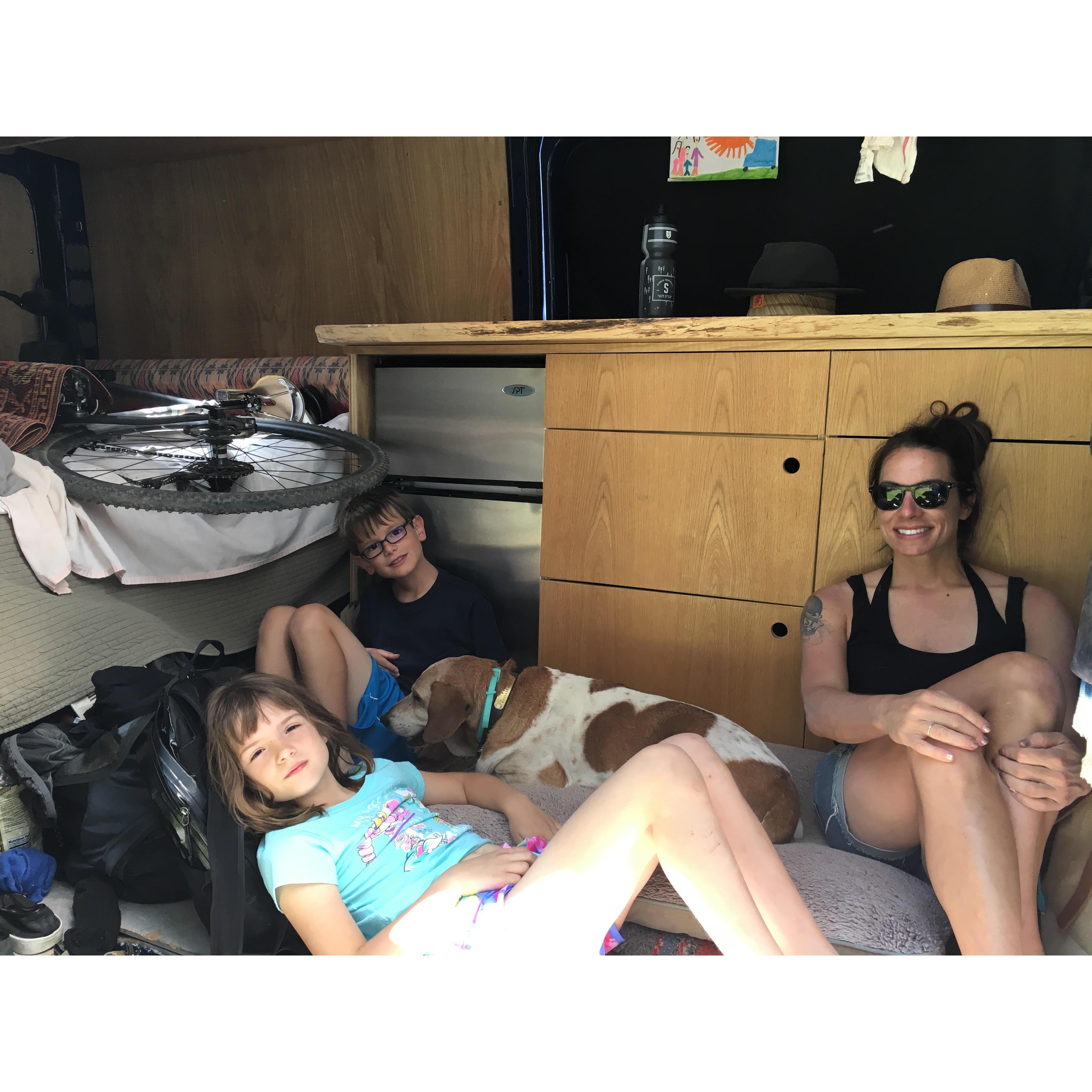 Aimee, her niece Rachel, nephew Matthew and Pogo in Durango, CO