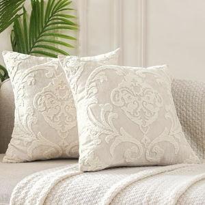 HPUK Embroidered Boho Throw Pillow Covers 18x18 inch, Set of 2 Emroidery Accent Couch Pillows for Living Room, Bedroom, Sofa, Chair, Beige