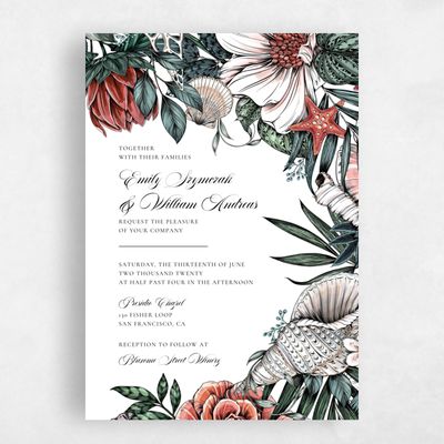 Coral, Pink Wedding Invitation - Oahu Bloom