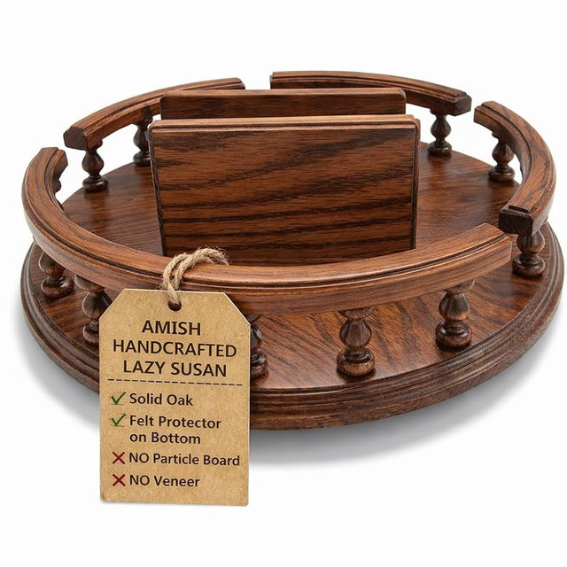 Amish Valley Products 14" Lazy Susan with Napkin Holder Turn Table Revolving Solid Wood Oak Table Centerpiece Rotate Condiment Server Swivel