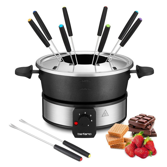 Befano Stainless Steel Fondue Pot with Temperature Control, Forks, Cups, and Rack, 2-Quart, Non-Stick, Perfect for Chocolate, Cheese, Caramel, Marshmallows, Great for Valentine's Day