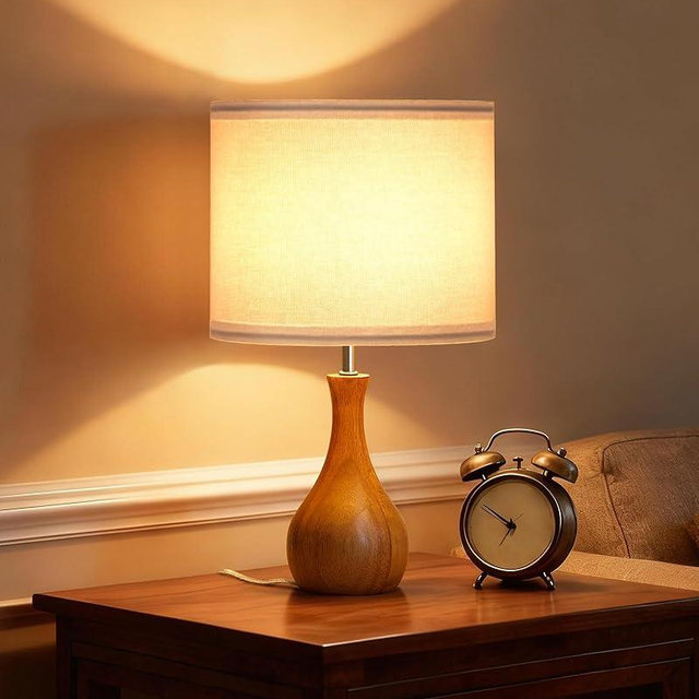 GOEBLESON Small Table Lamp, Wood Bedside Lamp with White Linen Lampshade & Dark Wood Base, Mid Century Modern Nightstand Lamp for Bedroom, Living Room, Kid's Room, Dorm Room, E26 Socket, LW09TL05