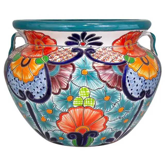 16 in. Teal Talavera Cantina Ceramic Planter