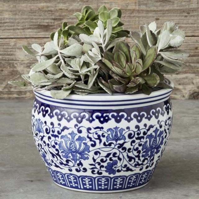 William Sonoma Small Blue & White Ceramic Planter