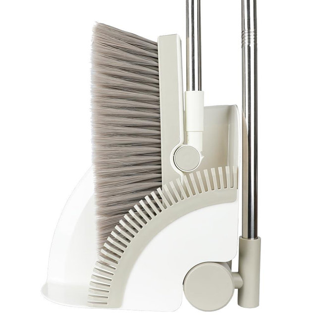 GLOYY Triangular Indoor Broom and Dustpan Comb Set, 180° Rotating, Soft Bristle Long Handle Upright Sweeping Angled Broom with Self-Cleaning Teeth for Home, Kitchen, Office, Wood Floor (White Gray)