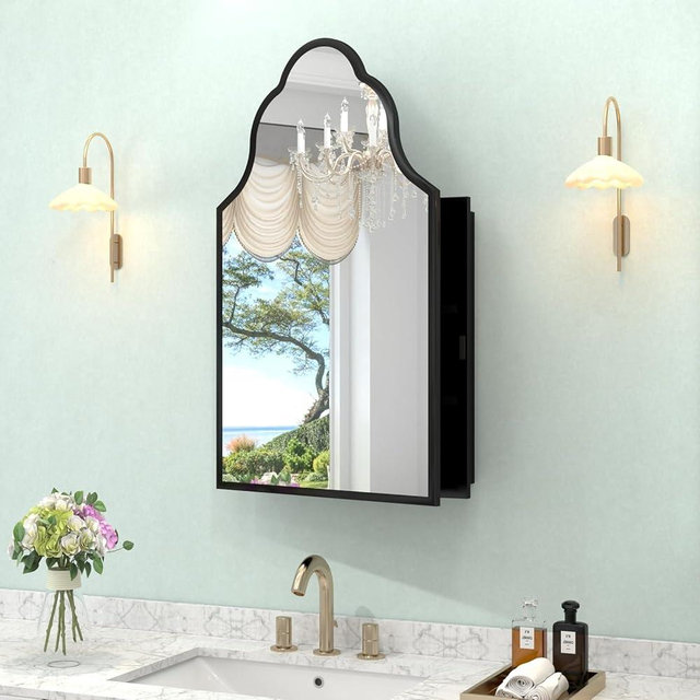 viechanro 20"x32" Irregular Medicine Cabinet with Mirror, Recessed or Surface Mount Black Arched Medicine Cabinet for Bathroom, Artistic Decorative Mirror with Storage, Full Metal, Easy Installation
