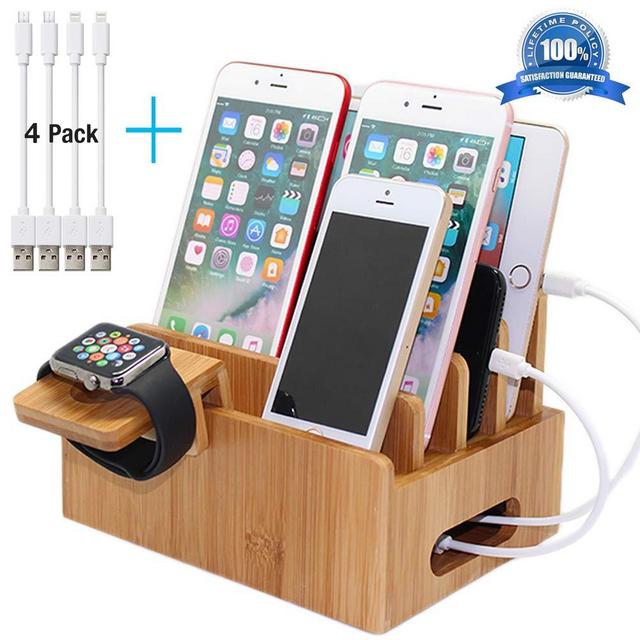 Pezin & Hulin Bamboo Charging Stations for Multiple Devices, Desk Docking Station Organizer for Cell Phone, Tablet, Watch (Include Bamboo Wood Dock Station, Watch Stand, 4 USB Charger Cables 8inch)