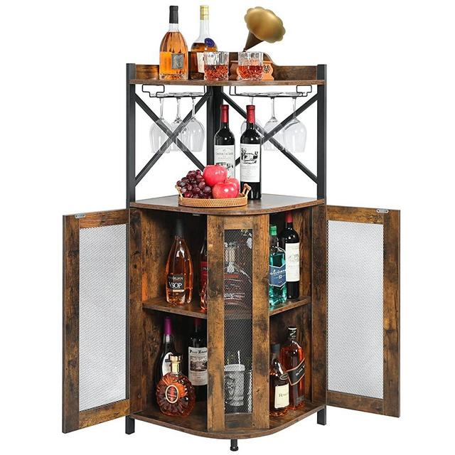 Corner Bar Cabinet with Glass Holder,Industrial Wine Cabinet with Mesh Door,Wine Bar Cabinet with Adjustable Shelf,Home Bar for Liquor and Wine Storage,Rustic Brown