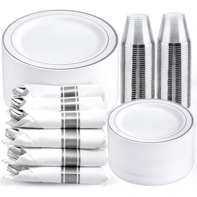 WELLIFE 350Pcs Silver Plastic Plates for 50 Guests - Disposable Dinnerware Set, Party Supplies Includes 100 Silver Plate,150 Silverware,50 Napkins,50 Cups,Plastic Plates Disposable