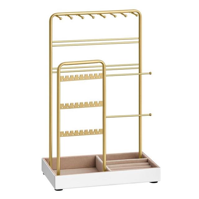 SONGMICS Jewelry Holder, Jewelry Organizer, Valentine's Day Gifts, Jewelry Display Stand with Metal Frame and Velvet Tray, Necklace Earring Bracelet Holder, for Studs, Rings, Gold Color UJJS021A01