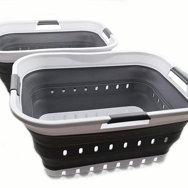 SAMMART 42L (11 Gallon) Collapsible Plastic Laundry Basket - Foldable Pop Up Storage Container/Organizer - Portable Basket - Space Saving Hamper/Basket (2, White/Dark Grey)