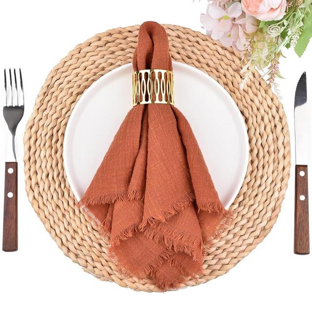 Dlpafzy Rustic Cloth Napkins 16.5x16.5 Inches Handmade Cotton Linen Napkins with Fringe Boho Washable Dinner Napkins in Bulk for Wedding Party Spring Table Decor Set of 10 Terracotta