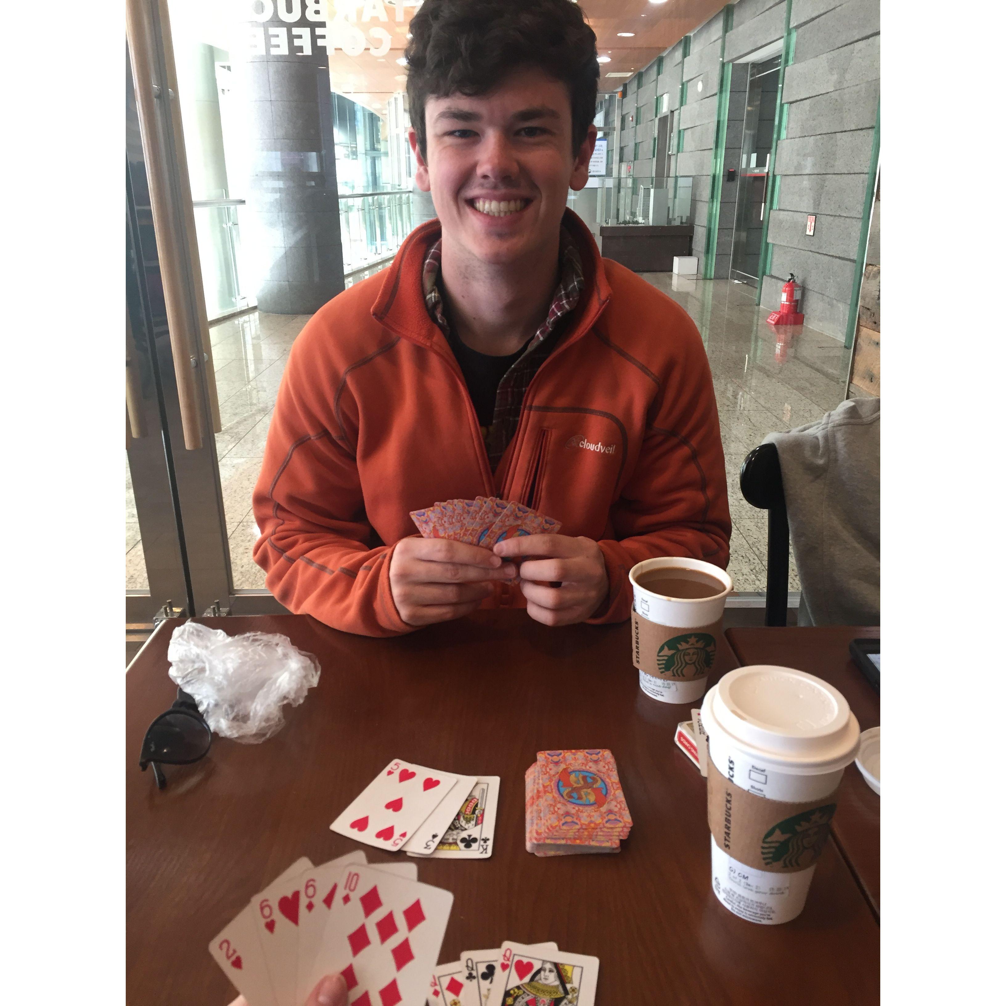 We have had a Rummy 500 game going since we started dating. This was in a Starbucks in Japan!