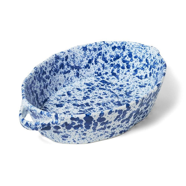 Sur La Table Splatter Stoneware Oval Baker – 2.4 Qt Casserole Dish with Vintage Spongeware-Inspired Design, 13.8" x 8.9", Oven, Freezer & Dishwasher, Durable for Everyday Baking, Blue