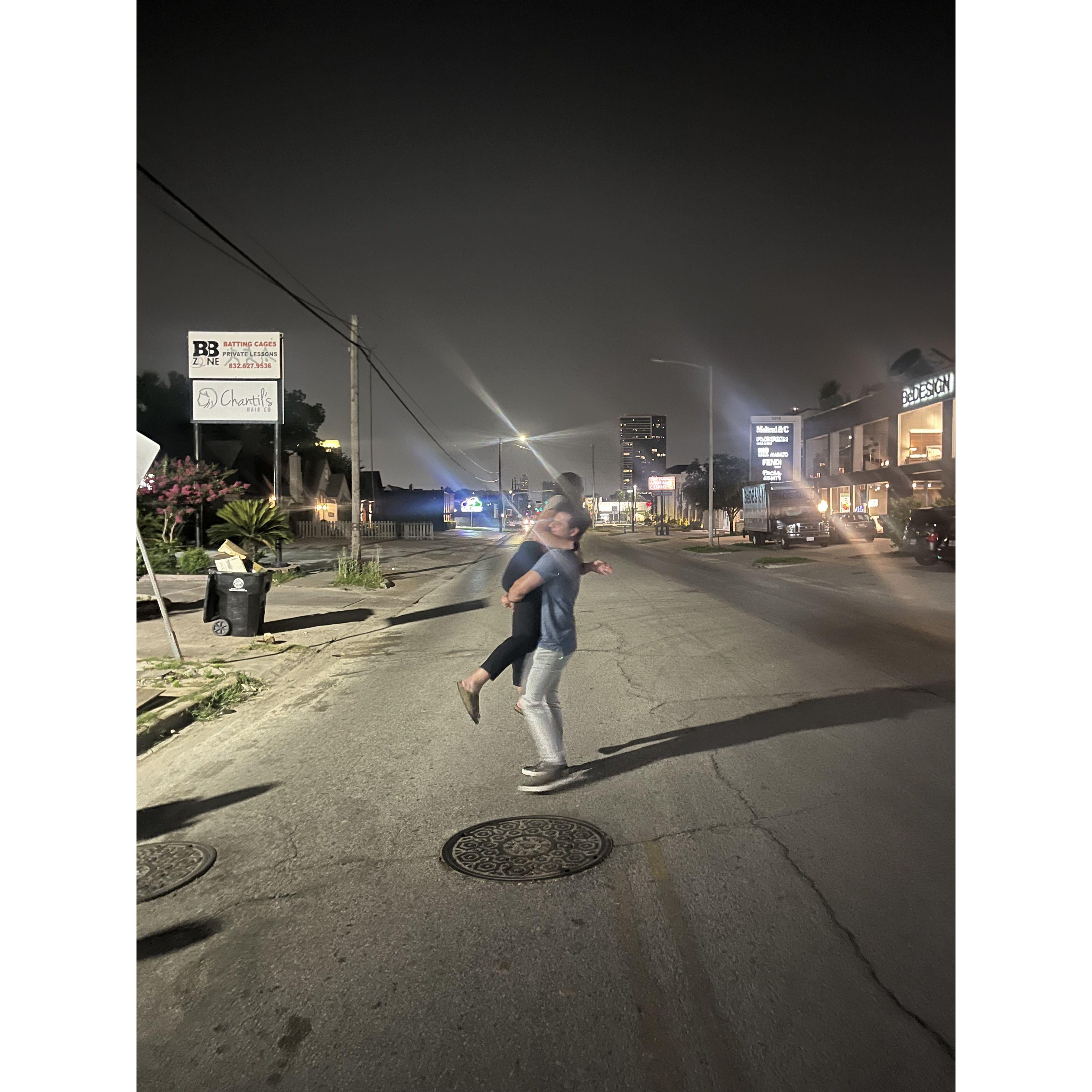 The night of our engagement party. Nacho was helping Loren cross the road.