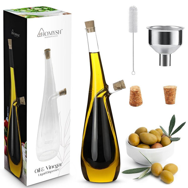 Homysh Oil and Vinegar Premium Dispenser, Beautiful and Elegant Olive Oil Dispenser Set for Your kitchen, Glass Bottle for Salad Dressing and Cooking, 13 Oz