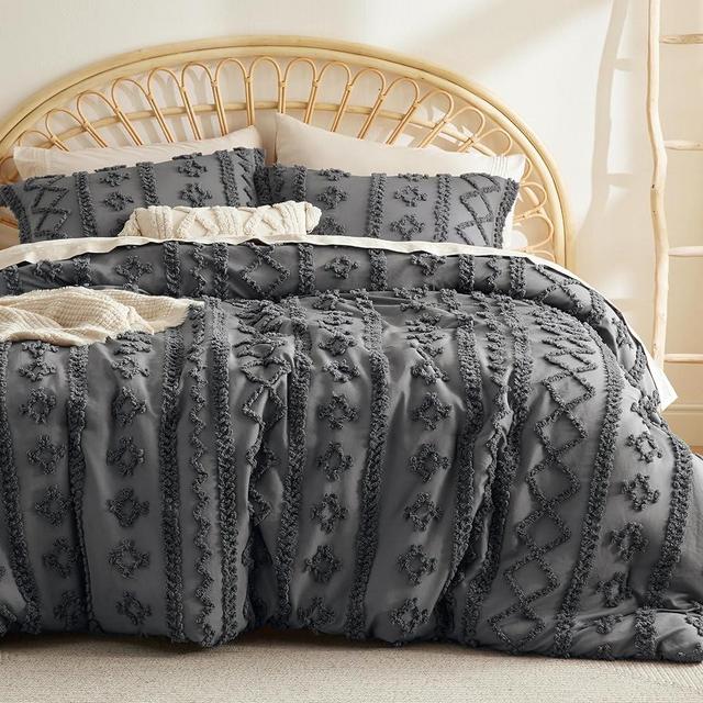 Bedsure Tufted Boho Comforter Set Queen Size - Dark Grey Boho Bedding Comforter Set, 3 Pieces Farmhouse Shabby Chic Embroidery Bed Set, Gifts for Woman, Soft Jacquard Comforter for All Seasons