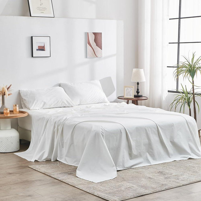DOZ 100% GOTS Certified Organic Cotton Sheet Set, Crisp Percale Weave, Long Staple, Breathable, Matte Finish, Hotel Style, Durable, 4pc – 2 Pillowcases 1 Fitted 1 Flat (Snow, Queen)