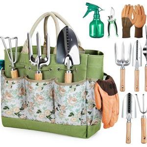 Grenebo Gardening Tools 9-Piece Heavy Duty Garden Hand Tools with Fashion and Durable Garden Tools Organizer Handbag, Rust-Proof Garden Tool Set, Ideal Gardening Gifts for Women
