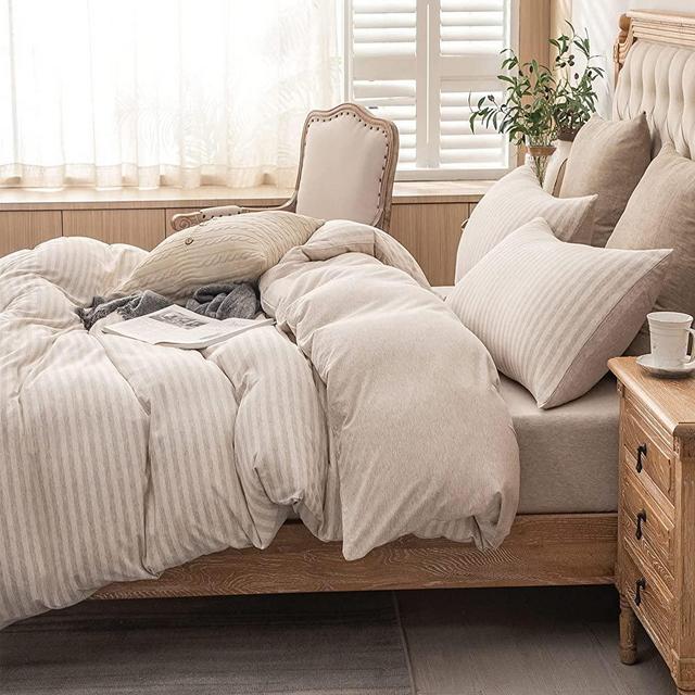 PURE ERA Jersey Knit Duvet Cover Set 100% T-Shirt Heather Cotton Super Soft Comfy Classic Striped Design, with Zipper Closure, Beige Stripe, Queen