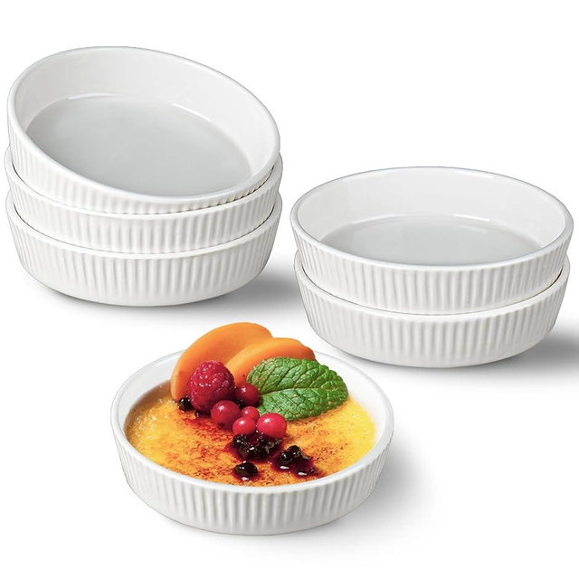 Ramekins 8 oz - Oven Safe Shallow Ramekins for Creme Brulee Dishes- Ceramic Souffle Dishes Quiche Dish Mini Tart Pans for Individual Serving,White Puddings Cups Small Pie Pan Sauce Ramiken Set of 6